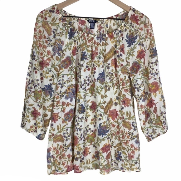 CHAPS Blouse Top Floral Peasant Elastic Scoop Neck Sheer Lightweight Size Small - Picture 10 of 10
